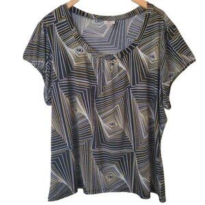 Vintage Worthington Womens 3XG Geometric Print Short Sleeve Blouse Black/White/Y